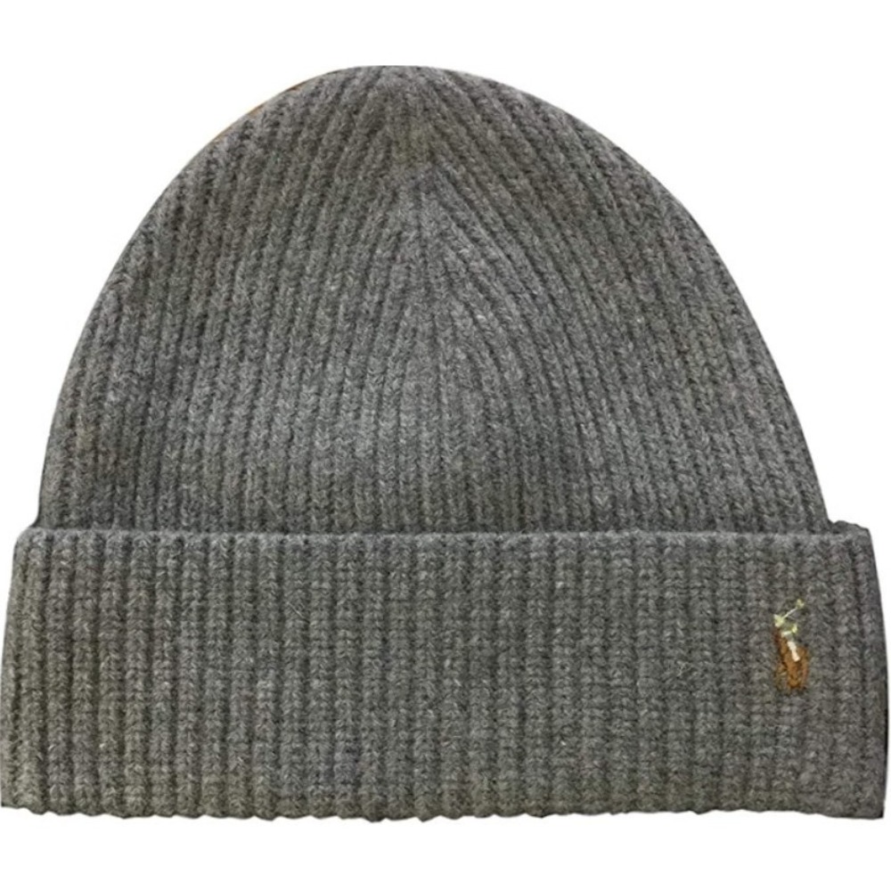 Polo Ralph Lauren Grey Wool Blend Ribbed Cuff Knit Beanie Hat Cap Pony NWT
